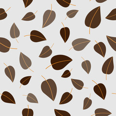 Autumn botanical decor. Monochrome plant seamless pattern. Random brown birch leaves on gray background. Soft nature earth colors. Background decorative elements for wallpaper, textile, etc.