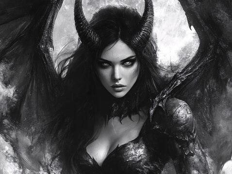 Intense black and white portrait of a female demon with horns and wings, embodying dark fantasy themes with a powerful, mysterious presence and captivating, otherworldly eyes.