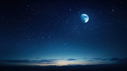 A serene night sky filled with stars and a bright moon illuminating the horizon.