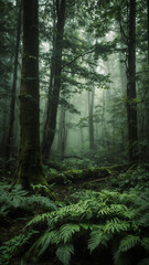 Obraz premium Enchanted Forest Trail: Mist and Ferns at Dawn