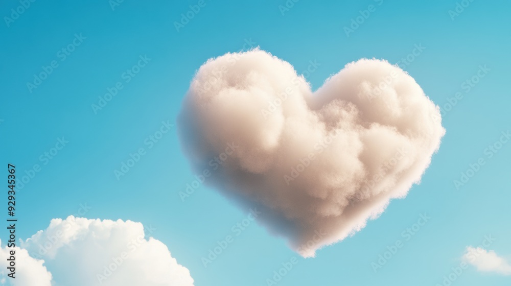 Wall mural A heart shaped cloud in the sky with a blue background, AI