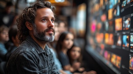 Fototapeta premium Man watching a screen with multiple videos