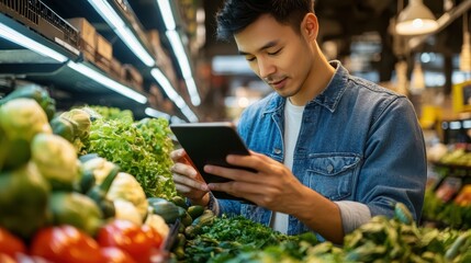 A young man browses a food delivery app while surrounded by fresh produce