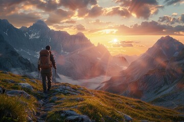 A person stands at the top of a mountain, wearing a backpack