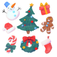 Christmas or Happy New Year hand drawn watercolour doodle set with white borders. Snowman, xmas tree, santa hat, ginger man, candy cone, wreath. Isolated collection on transparent background. 