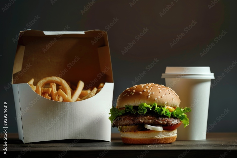 Wall mural A burger and fries on a table, perfect for a casual meal or snack