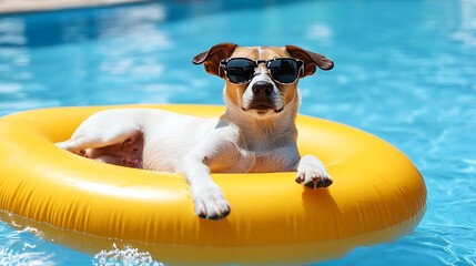 Dog wearing sunglasses floats on a yellow pool ring in the pool.