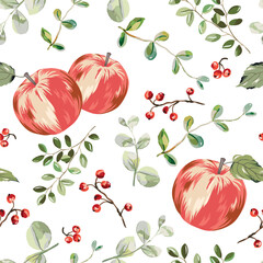 Autumn apples, green leaves, red berries, white background. Vector seamless pattern. Fall season illustration. Forest and garden plants. Nature design