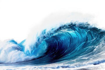 A powerful wave crashes onto the sandy beach, creating a misty atmosphere