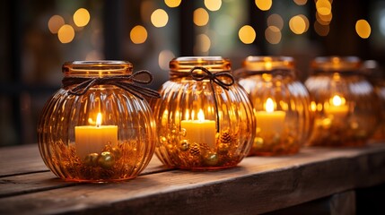 amber jars of glowing candles are arranged with pine branches and festive decorations.