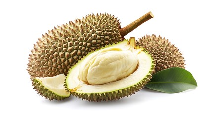Obraz premium Durian fruit with a cut open section and green leaves isolated on white background.