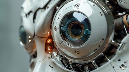 Fototapeta premium macro view of cyborg eye with virtual hologram elements, futuristic virtual reality concept.