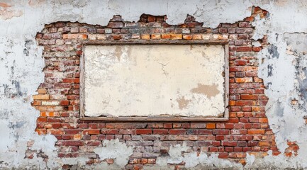 Naklejka premium A weathered brick wall with a distressed look and a blank area ideal for custom text or graphics. This backdrop is perfect for rustic design themes, enhancing artistic expressions