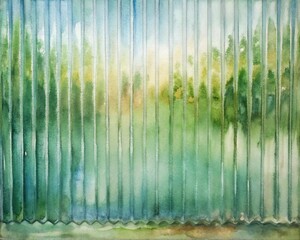 Reeded Glass Window. Waterclor blue, green colors. Gray Ribbed Background. Diffused lights with abstract mirror for interior aesthetic. Glossy stripes with iridescent effect for office billboard.