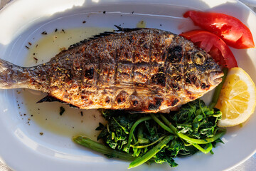 Grilled seabass served with fresh vegetables and lemon on a plate in a seaside restaurant at sunset