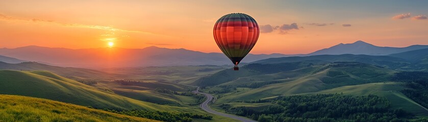 A hot air balloon floats over a scenic landscape at sunset, showcasing nature's beauty.