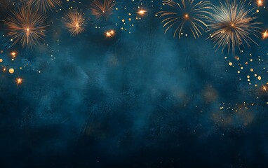 Festive dark blue background with golden firework bursts and glitter.