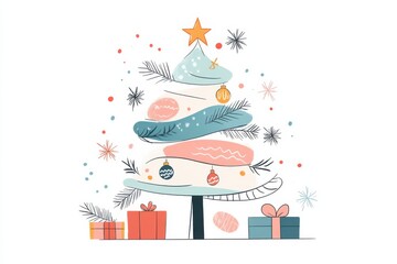 Fototapeta premium A decorated Christmas tree with colorful ornaments and a shining star on top, surrounded by gift boxes and tiny snowflakes cute minimal illustration doodle style