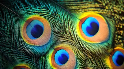 Obraz premium peacock feathers. A detailed close-up background of animal skin textures peacock feathers in vibrant colors