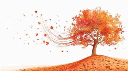 Autumn background with an autumn tree and leaves swirling in the wind, design on a white background Autumn background with an autumn tree and falling leaves in a swirling shape Generative AI