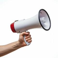 hand holding a megaphone, close-up, isolated on white background, clear detail, minimalistic design, studio lighting, realistic rendering