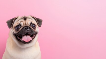 A pug dog sitting on a pink background with his tongue out, AI