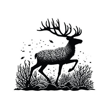 recommend clip art: silhouette of Reindeer filled with underwater view with coral in rough drawing,