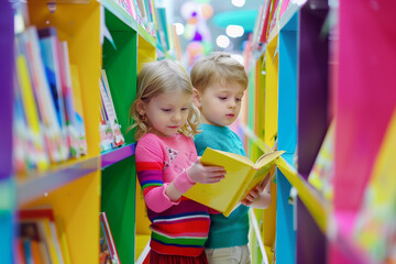 Children Immersed in Book Reading in a Colorful Library with Isolated Clear View.