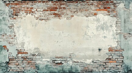 This image portrays a weathered brick wall that showcases exposed bricks along with peeling paint, which offers plenty of open space for innovative and creative designs. Ideal for artistic projects