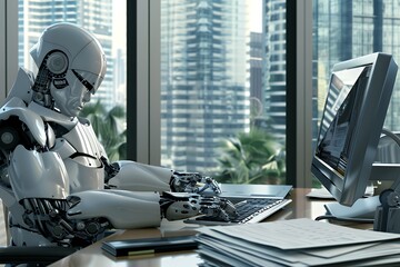 A humanoid robot working at a desk in a modern office environment.