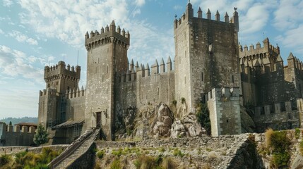 A medieval-style castle with a stone staircase leading up to the entrance