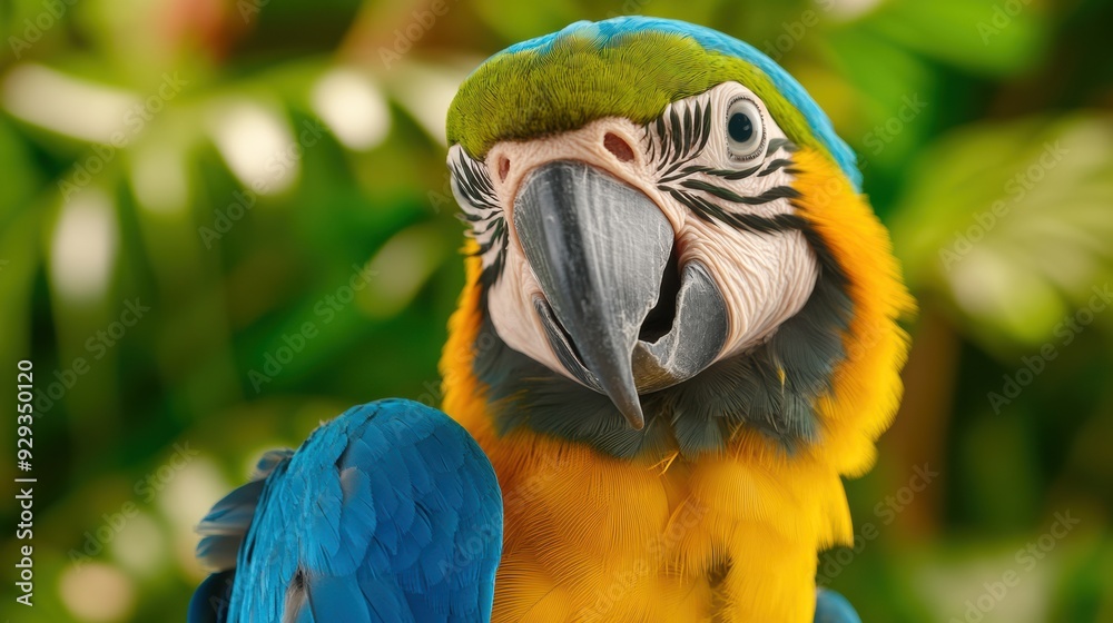 Poster a close up of a colorful parrot with green and blue feathers, ai