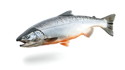 Naklejka premium Fresh, whole salmon fish with scales, open mouth, and fins, isolated on white background.