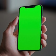 Close up of hand holding smartphone with blank green screen. Mockup Hand holds a smartphone with a green screen chroma key