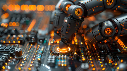 A robot positioned on a circuit board, illuminated by vibrant orange lights, showcasing a blend of technology and design