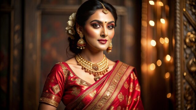 Elegant Woman in Red Silk Saree with Gold Embroideries
