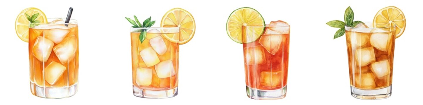 Assorted refreshing drinks with ice and citrus garnishes, perfect for summer gatherings and celebrations.