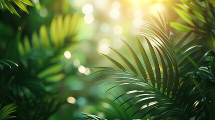 A close-up shot of dewy green tropical leaves illuminated by bright sunshine.