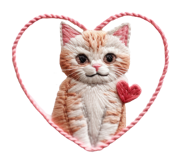 PNG Cat holding heart embroidery textile pattern.