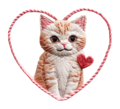 PNG Cat holding heart embroidery textile pattern.