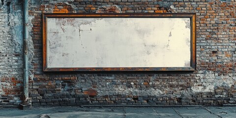 Naklejka premium A blank billboard stands framed against a charming and rustic brick wall, offering ample space and opportunity for creative advertisements, artistic displays, or unique artwork to shine