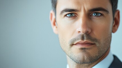 Fototapeta premium A close-up portrait of a diplomat with a thoughtful expression, light solid color background providing a soft focus