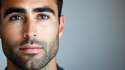 Obraz premium A close-up portrait of a diplomat with a thoughtful expression, light solid color background providing a soft focus