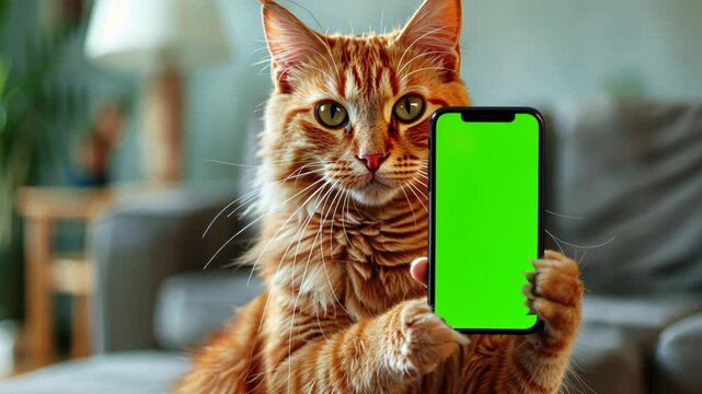 Cat portrait paw holding chroma key phone, touching, clicking, tapping and swiping phone with green screen. Chroma key vertical mock up for advertising, Cat using showimg smartphone