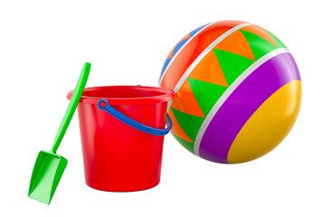 Bouncy ball for kids with plastic bucket and spade. Beach toys, 3D rendering isolated on transparent background © natatravel