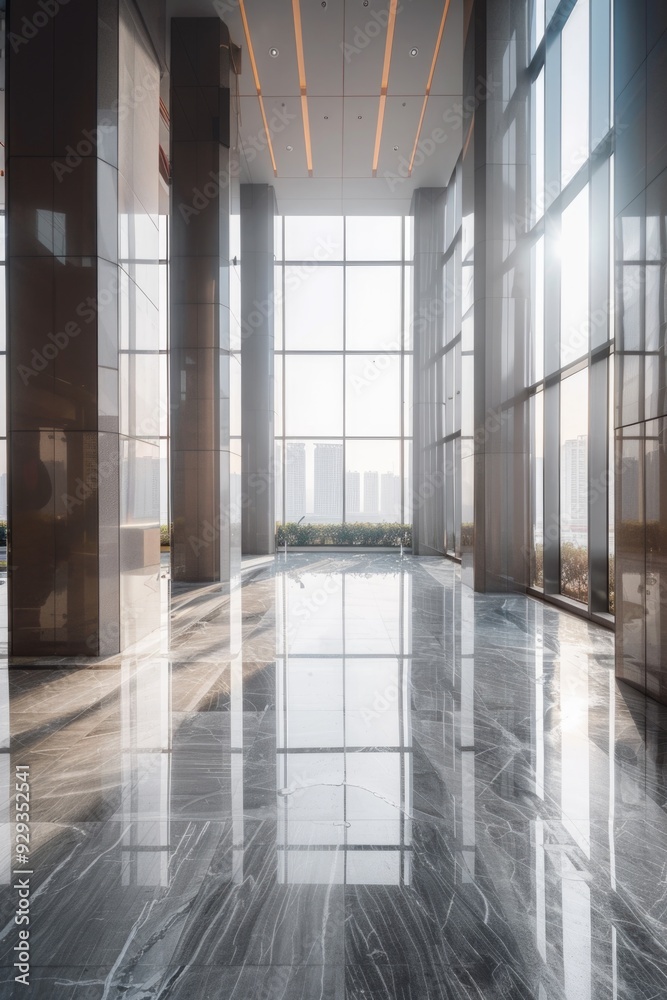 Poster Modern lobby with large windows and marble floors, suitable for use in interior design or architecture projects