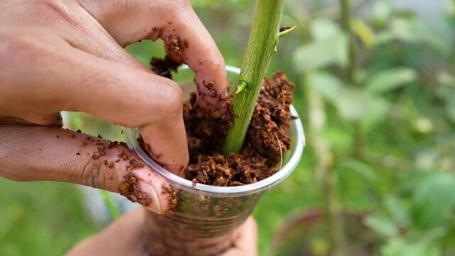 Close-up of Hands Filling Cup with Soil for Plant Grafting