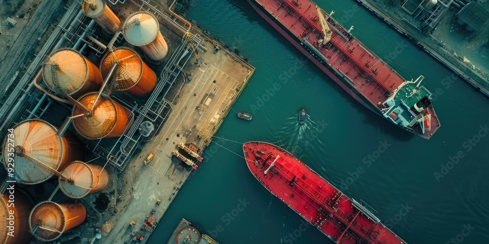 Poster aerial view of a boat and barge floating on calm waters