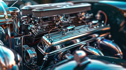 Close-up of a shiny, chrome-plated classic car engine