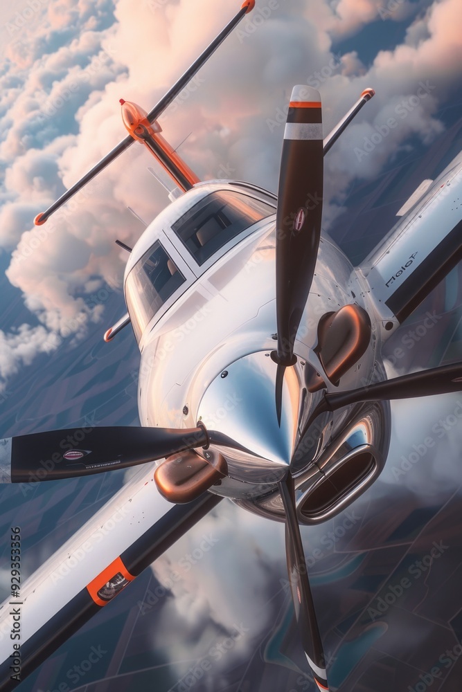 Poster a small propeller plane flying through a cloudy sky, suitable for use in illustrations about aviatio